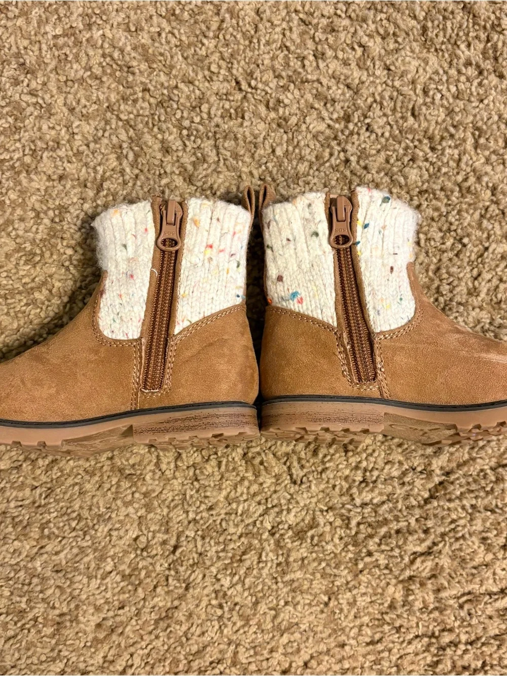 Kids cat and jack Tan Suede Booties with Cream Knit Cuff
